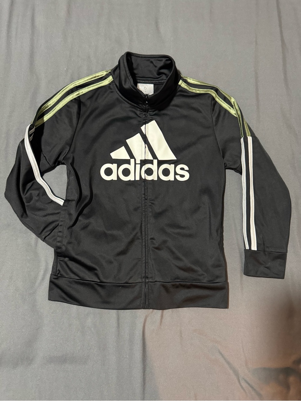 Adidas Boys Track Jacket Black Green White Full Zip Logo Size 6